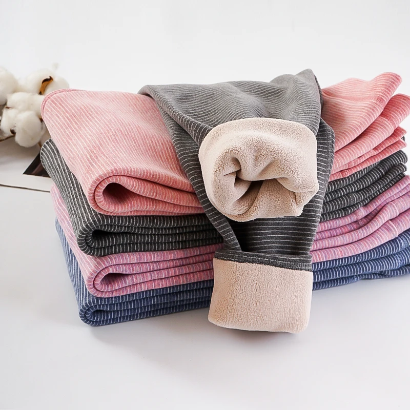 儿童加绒加厚保暖裤男女同款一体绒宝宝小中童冬季保暖条纹长裤