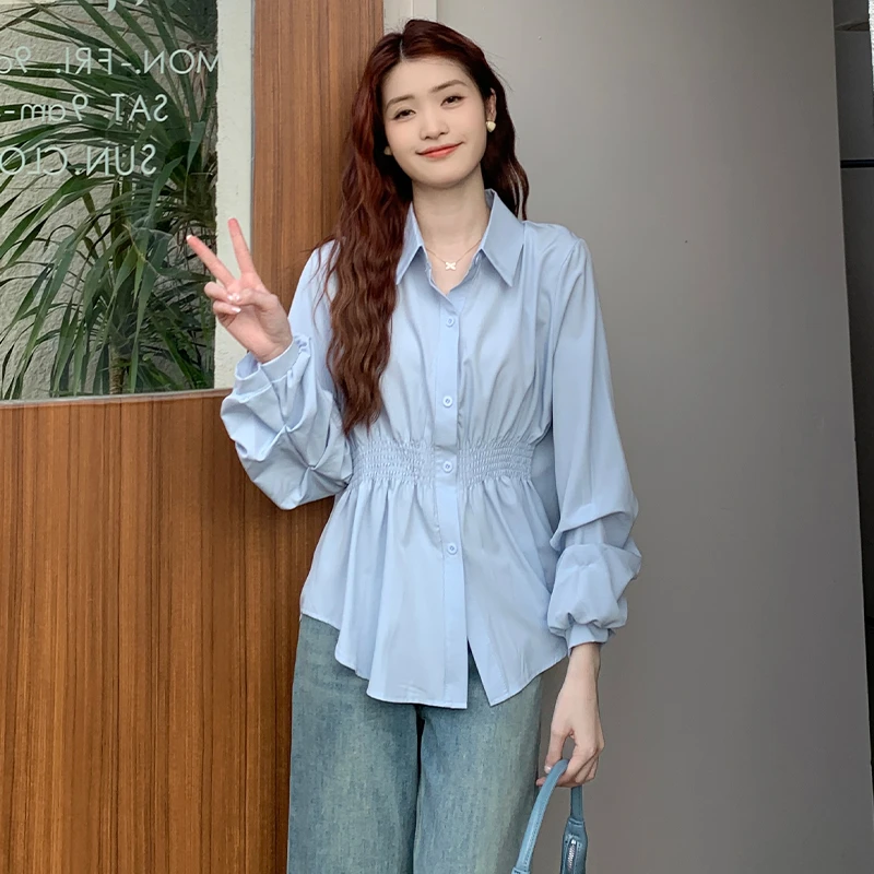 【婷婷专属】16992法式复古优雅气质衬衫女2024春季高腰褶皱上衣