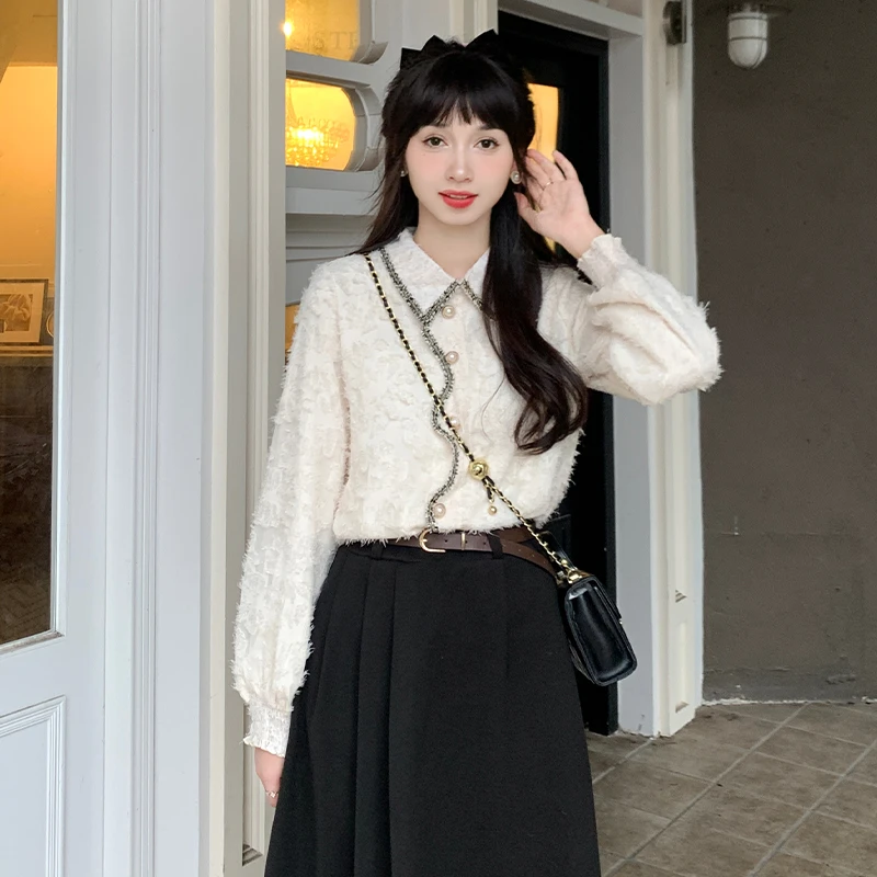 慕兔小香风蕾丝加厚打底衫女2023秋季新款高级感Polo领内搭衫上衣