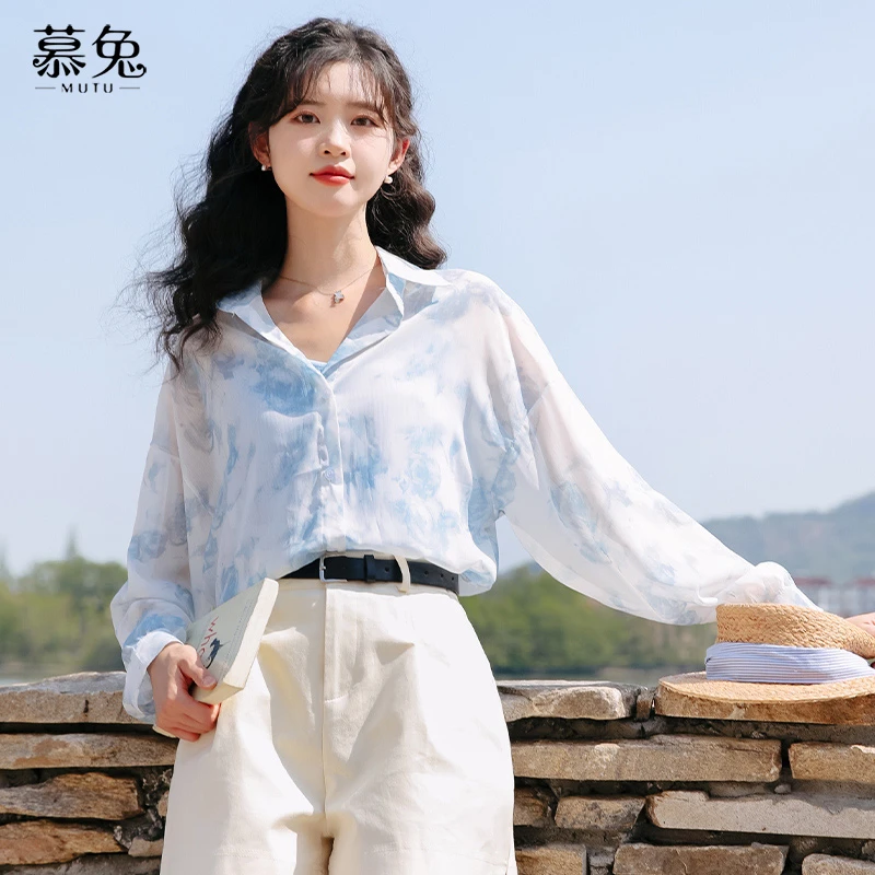 法式水墨扎染雪纺花衬衫女2024夏季新款设计感小众防晒上衣薄