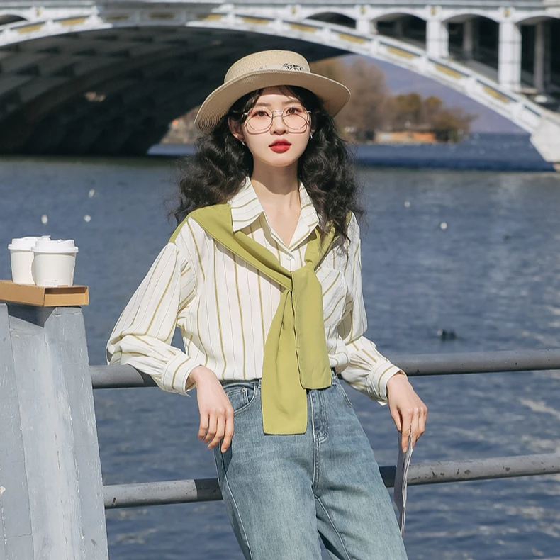 【慧姐专属】10041港味宽松条纹长袖衬衫女2024春小众披肩上衣