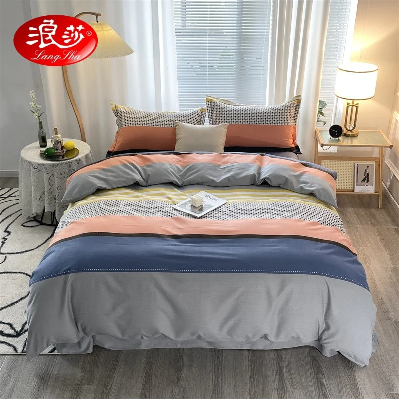 浪莎纯棉100全棉斜纹被套床单三件套四件套-枕套部位颜色随机剪裁