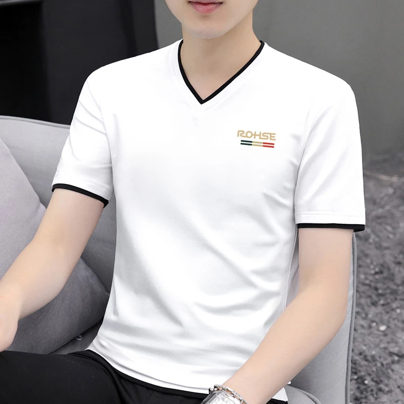 高品质夏季V领短袖T恤2025年新款白色潮牌百搭上衣男士半截袖衣服