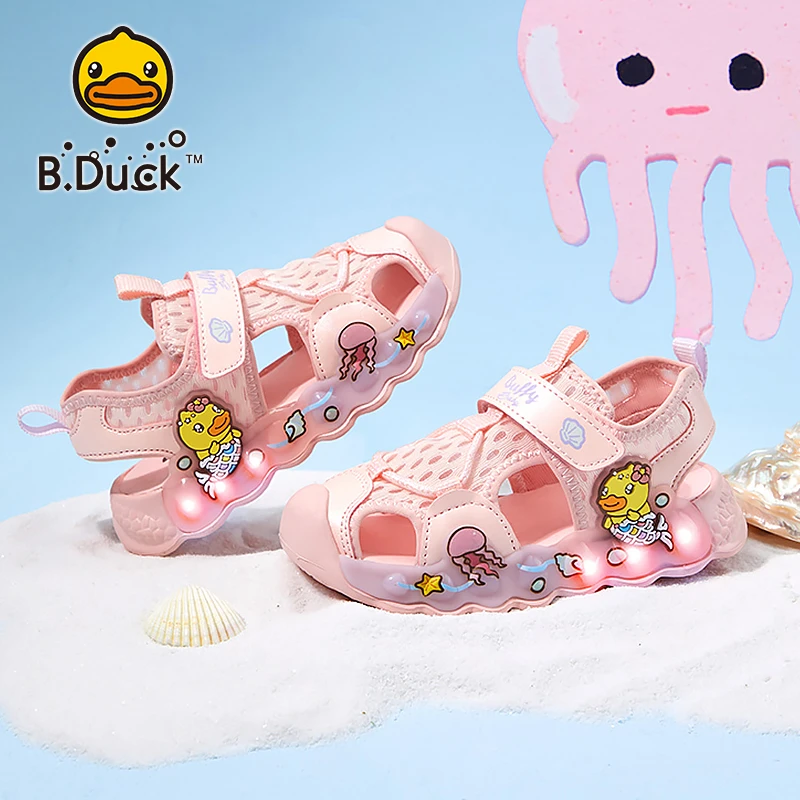 小黄鸭童鞋女童包头凉鞋儿童亮灯鞋夏季女孩宝宝鞋子小童发光鞋潮
