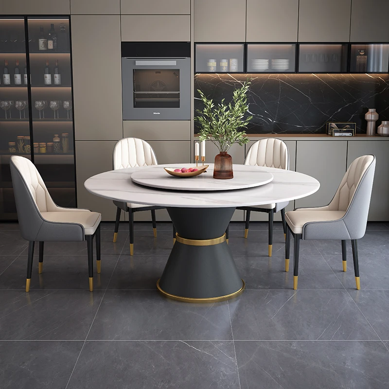 轻奢大理石餐桌椅组合现代简约家用意式圆桌带转盘圆形岩板吃饭桌