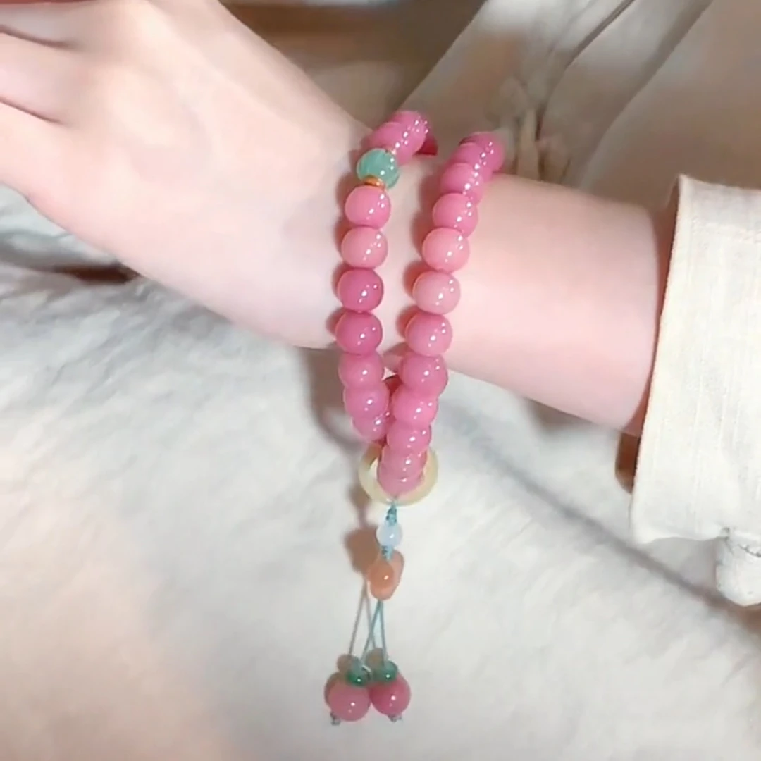 蜜桃四季春菩提手串双圈手持百搭念珠国风红菩提根珠串女文玩手串