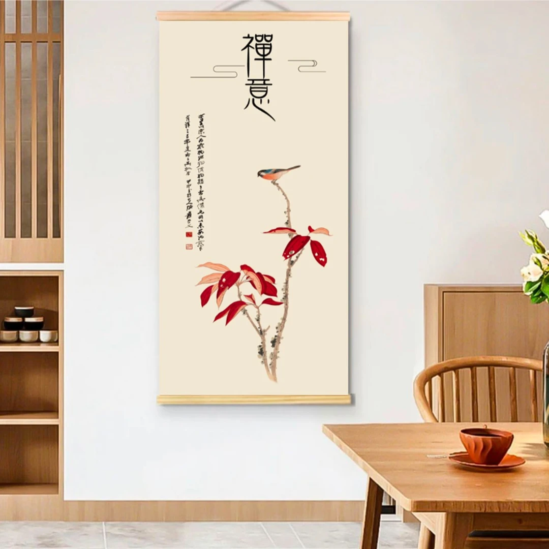 新中式荷花装饰画竹帘挂画壁画大气山水风景画山水画三联画高端