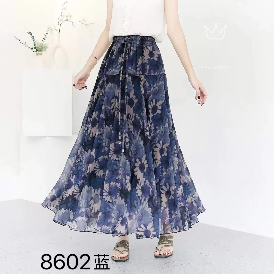 长裙百褶百搭夏季蓝色百褶裙裙子半身裙沙滩波西米亚风高腰