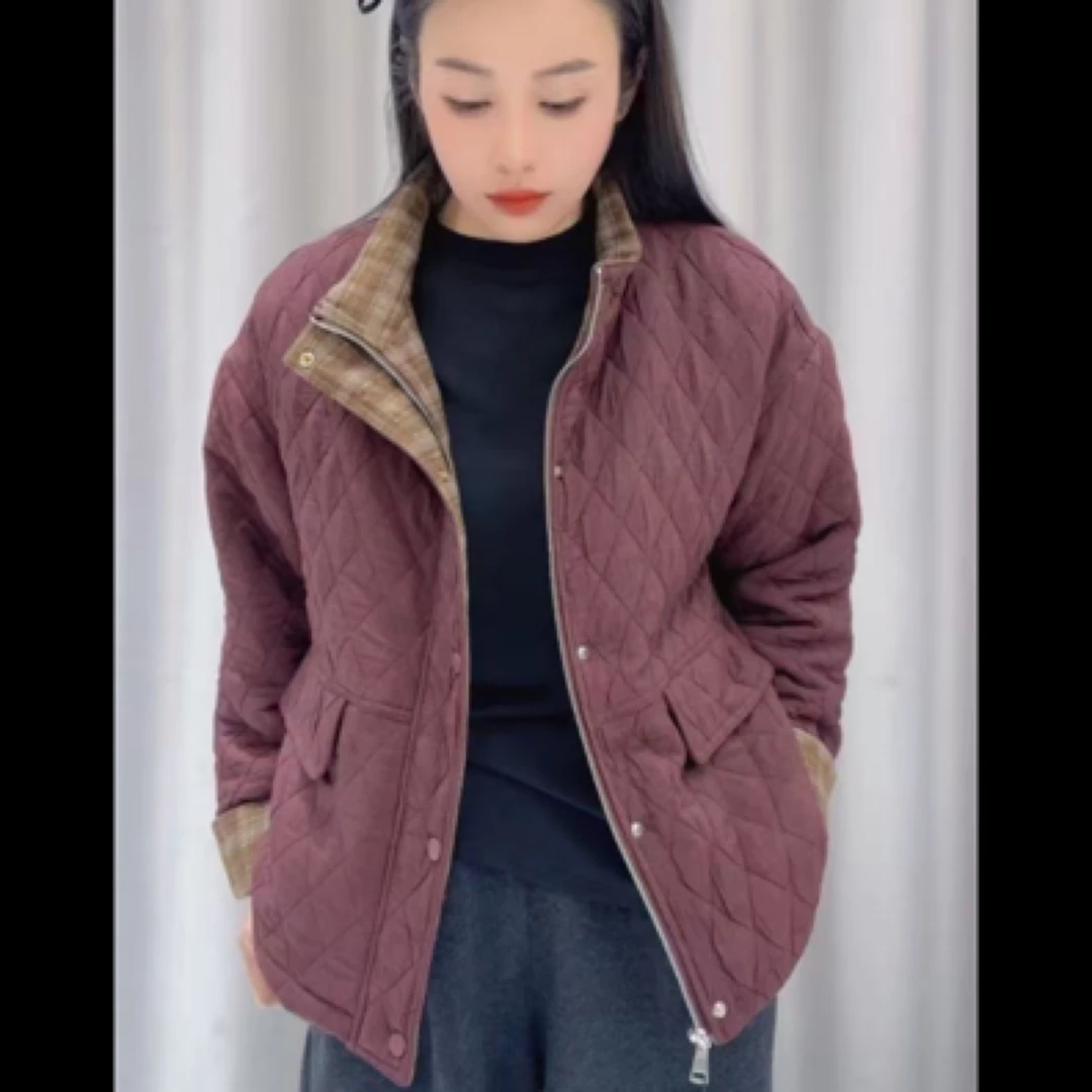 拼接格子立领夹棉外套女短款宽松百搭爆款棉服