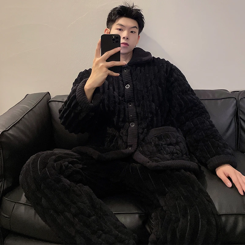 睡衣男冬款2023珊瑚绒加绒加厚可外穿家居服法兰绒三层夹棉两件套