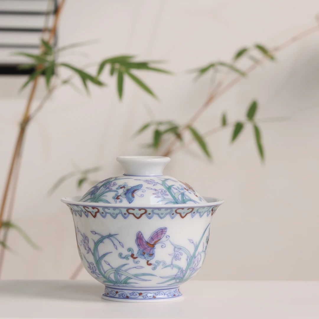 茗器山房 景德镇手绘斗彩蝶恋花蝴蝶清新女神盖碗 120cc
