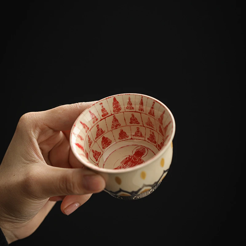 茗器山房 敦煌千佛拓片茶杯主人杯 陶瓷品茗杯茶具宝相花盏100cc