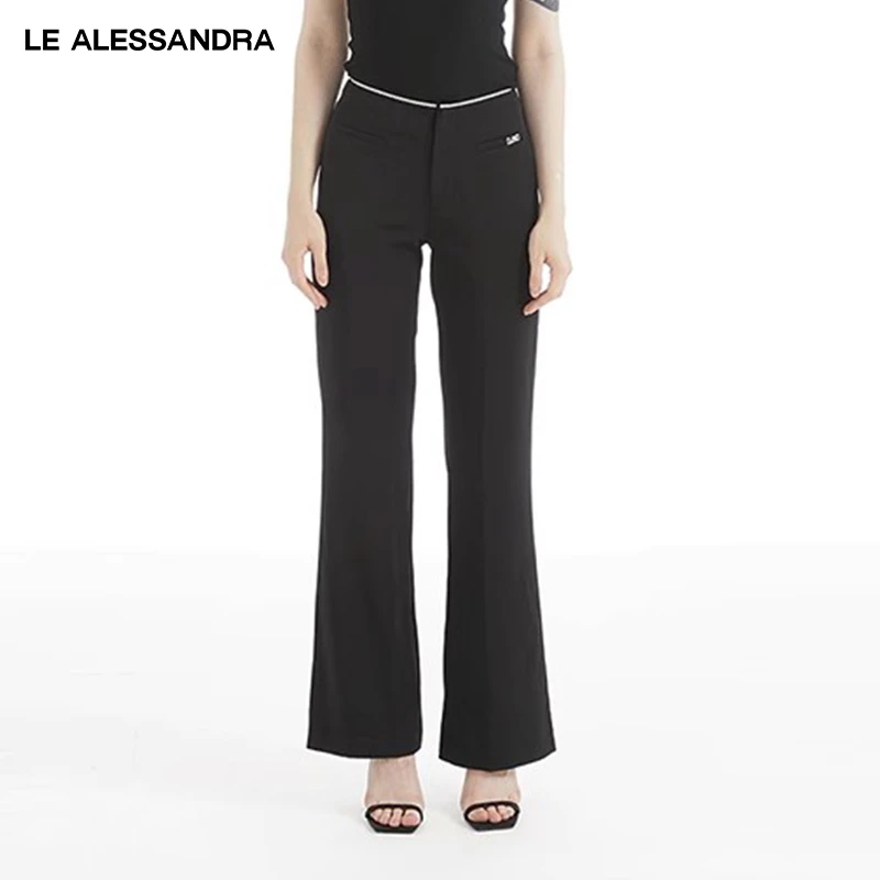 品牌直营 LE ALESSANDRA 黑色高腰显瘦垂感休闲微喇钻边西装裤女
