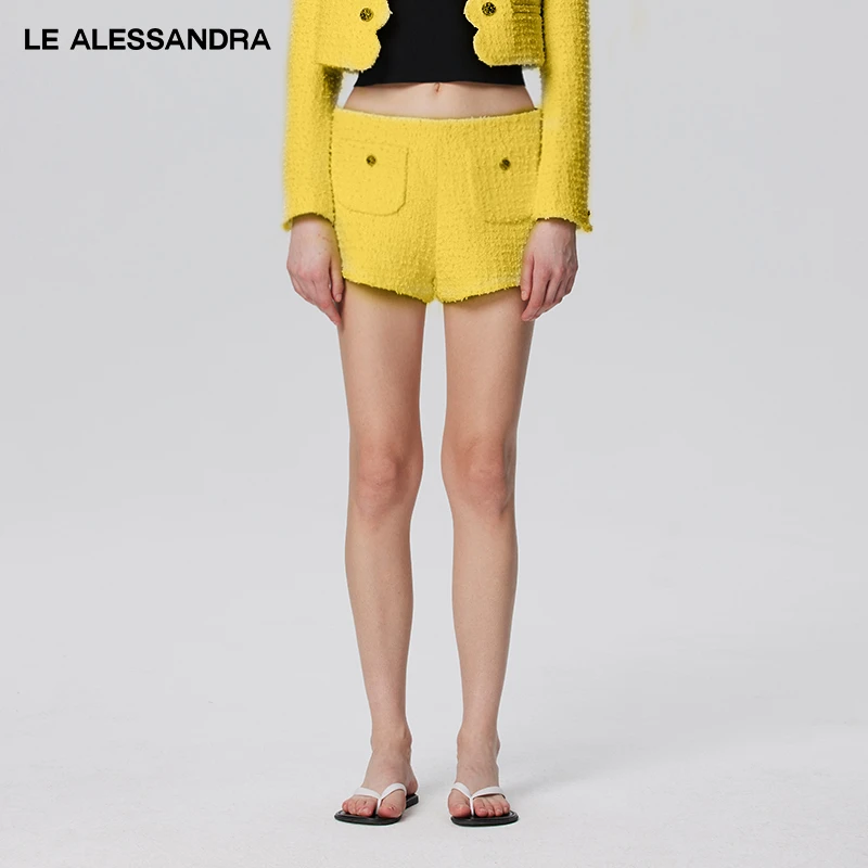 【刘亦菲同款】 LE ALESSANDRA 黄色粗花呢双口袋打底短裤