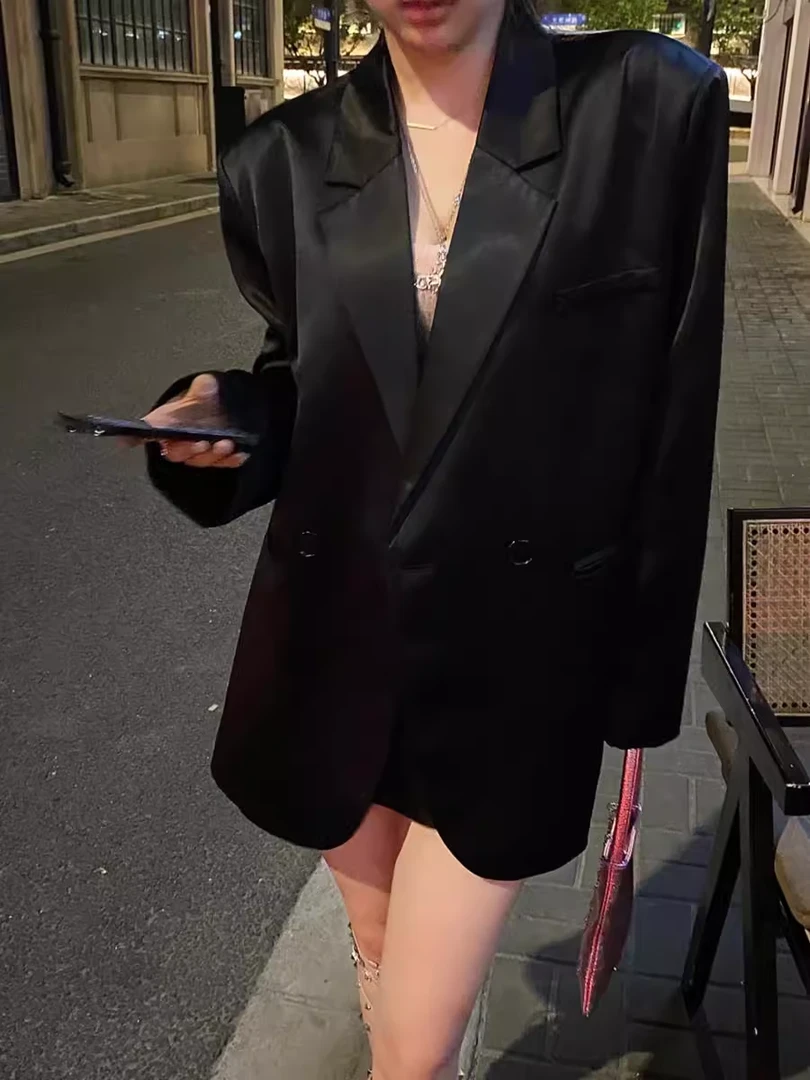2025春夏季新款黑色西服女醋酸缎面光泽气质垫肩阔版西装外套百搭