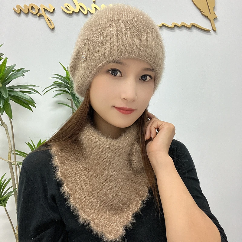 秋冬季帽子女帽子三角巾两件套针织时尚百搭加厚保暖松鼠绒毛线