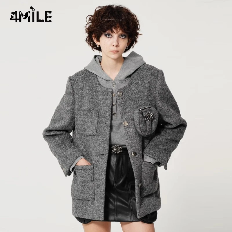 4MILE羊毛不对称立体口袋装饰高级质感圆领灰色设计师外套