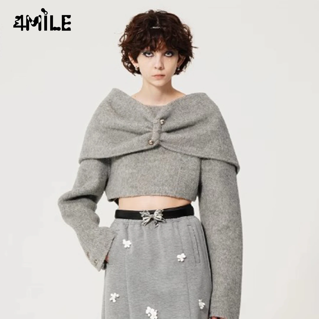 4MILE新款灰色毛衣时尚蝴蝶结披肩喇叭袖秋冬羊驼毛短款长袖上衣