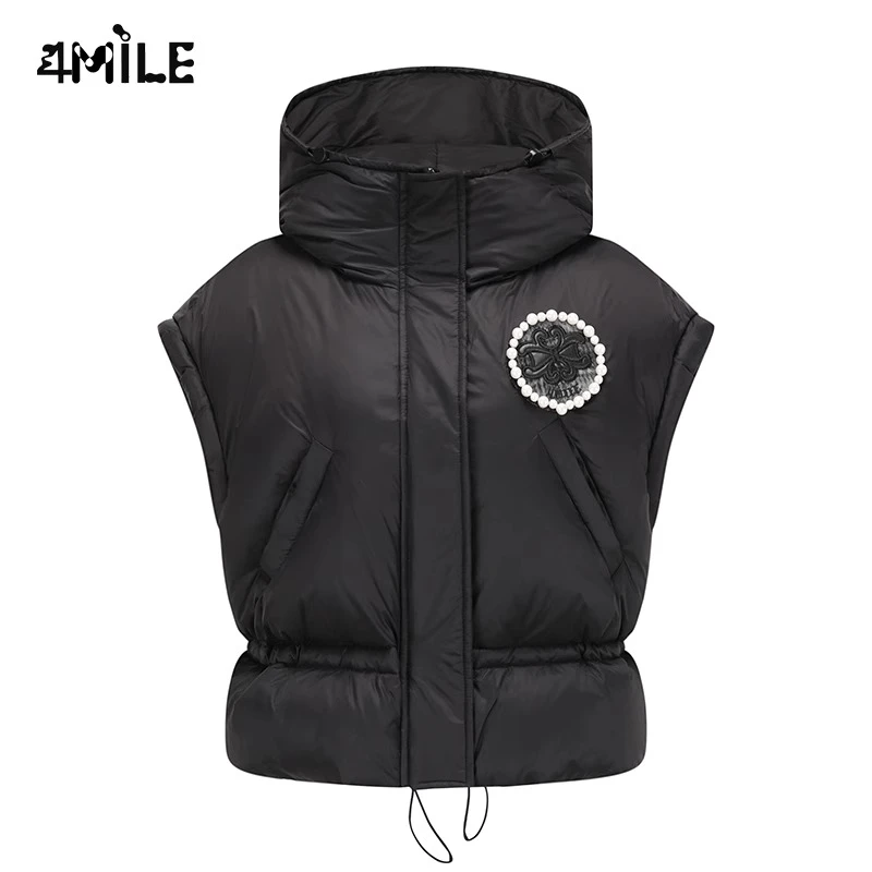 4MILE多巴胺抽绳背阔感羽绒连帽马甲短款加厚秋冬外穿甜美学院风