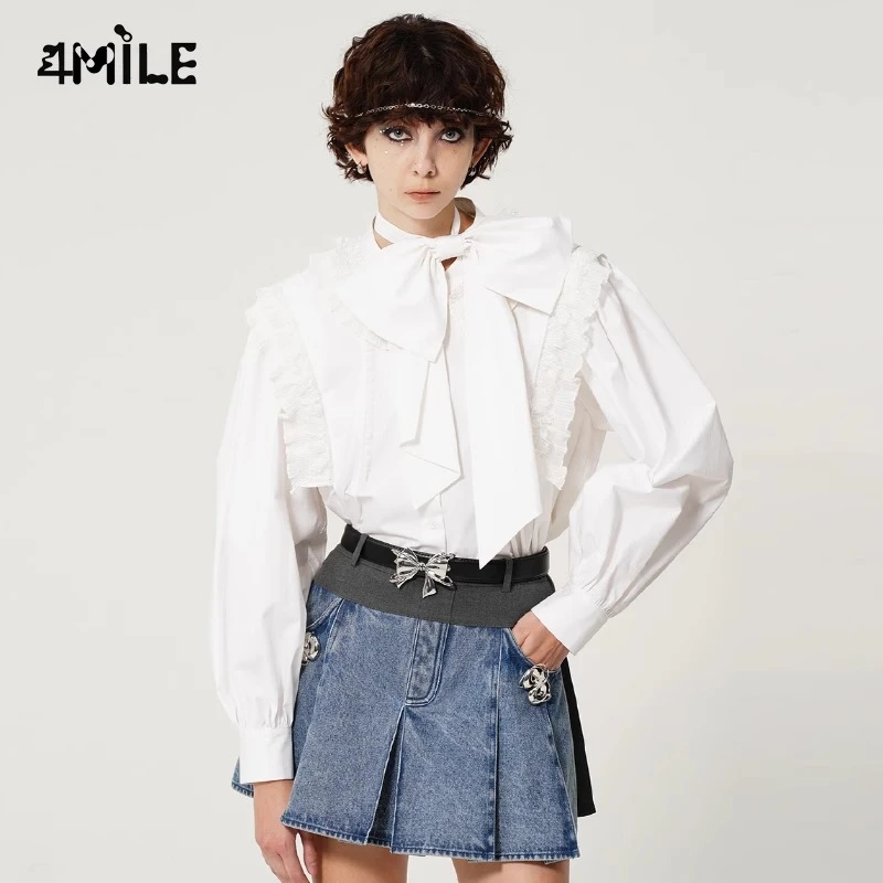 4MILE多层次花边蝴蝶领结白衬衫长袖小众蕾丝拼接法式浪漫风