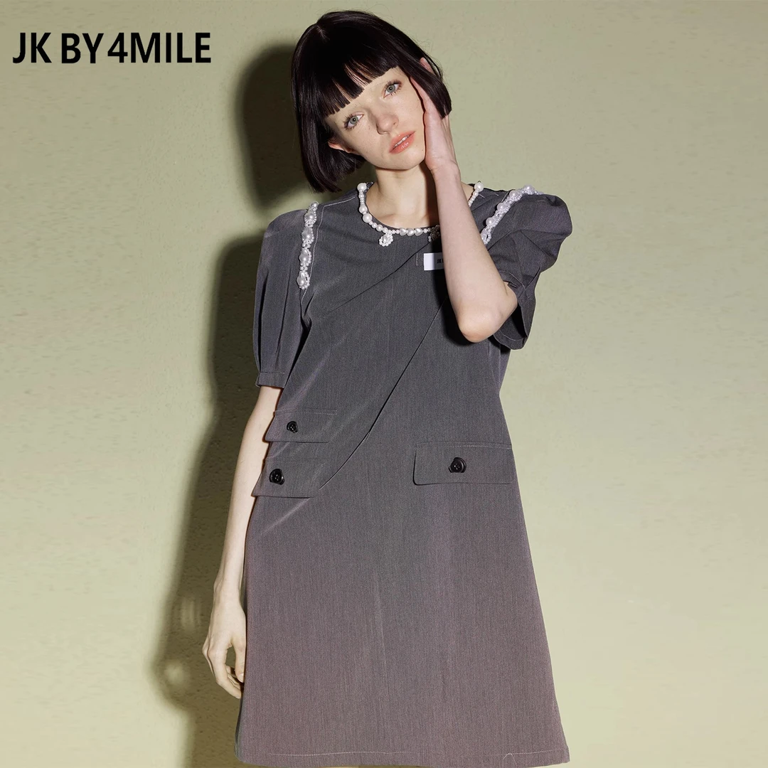 JK BY 4MILE | 经典升级夏季珠珠链装饰学院口袋西装气质连衣裙