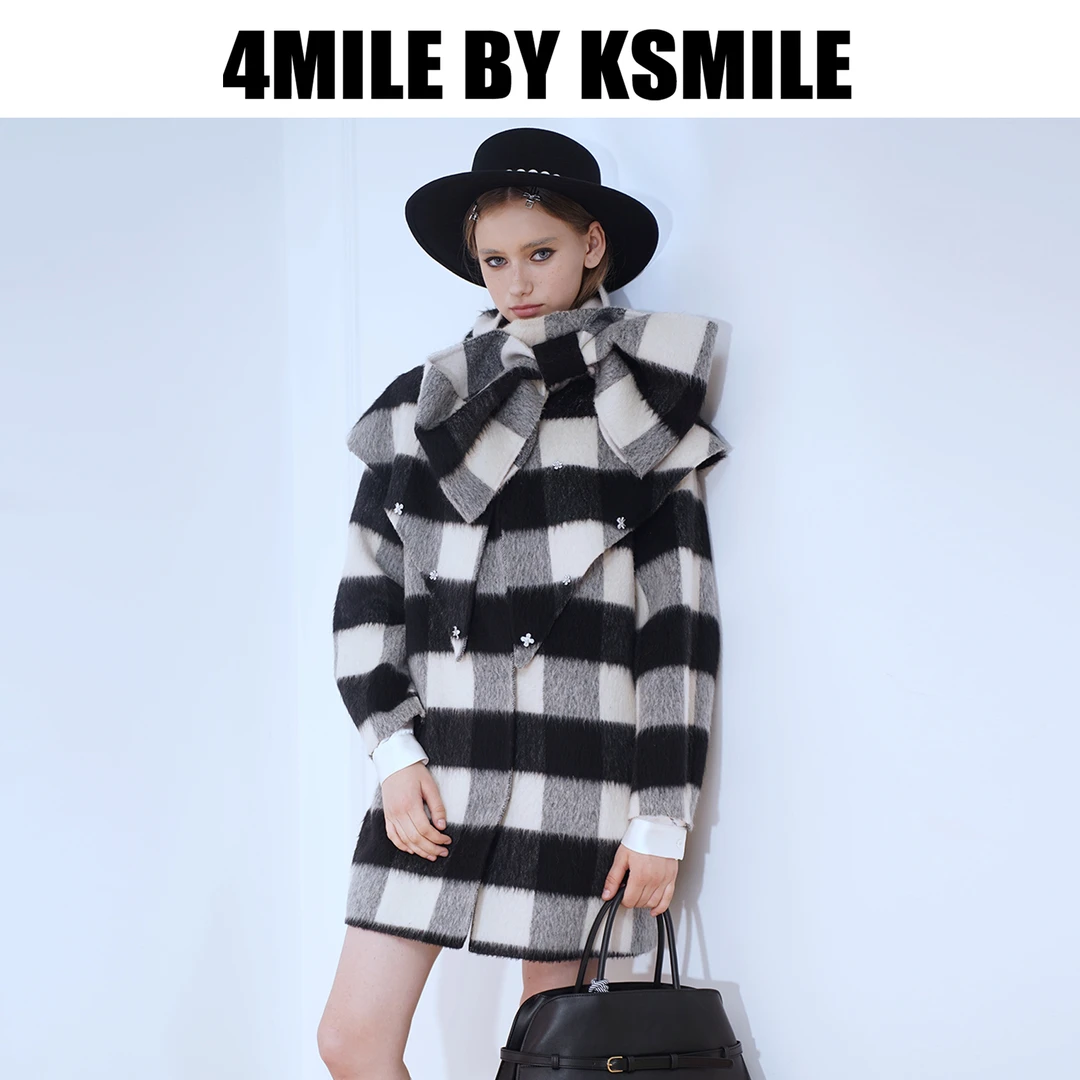 4MILE BY KSMILE黑白格纹保暖绵羊毛大衣大尖领蝴蝶围巾款毛呢