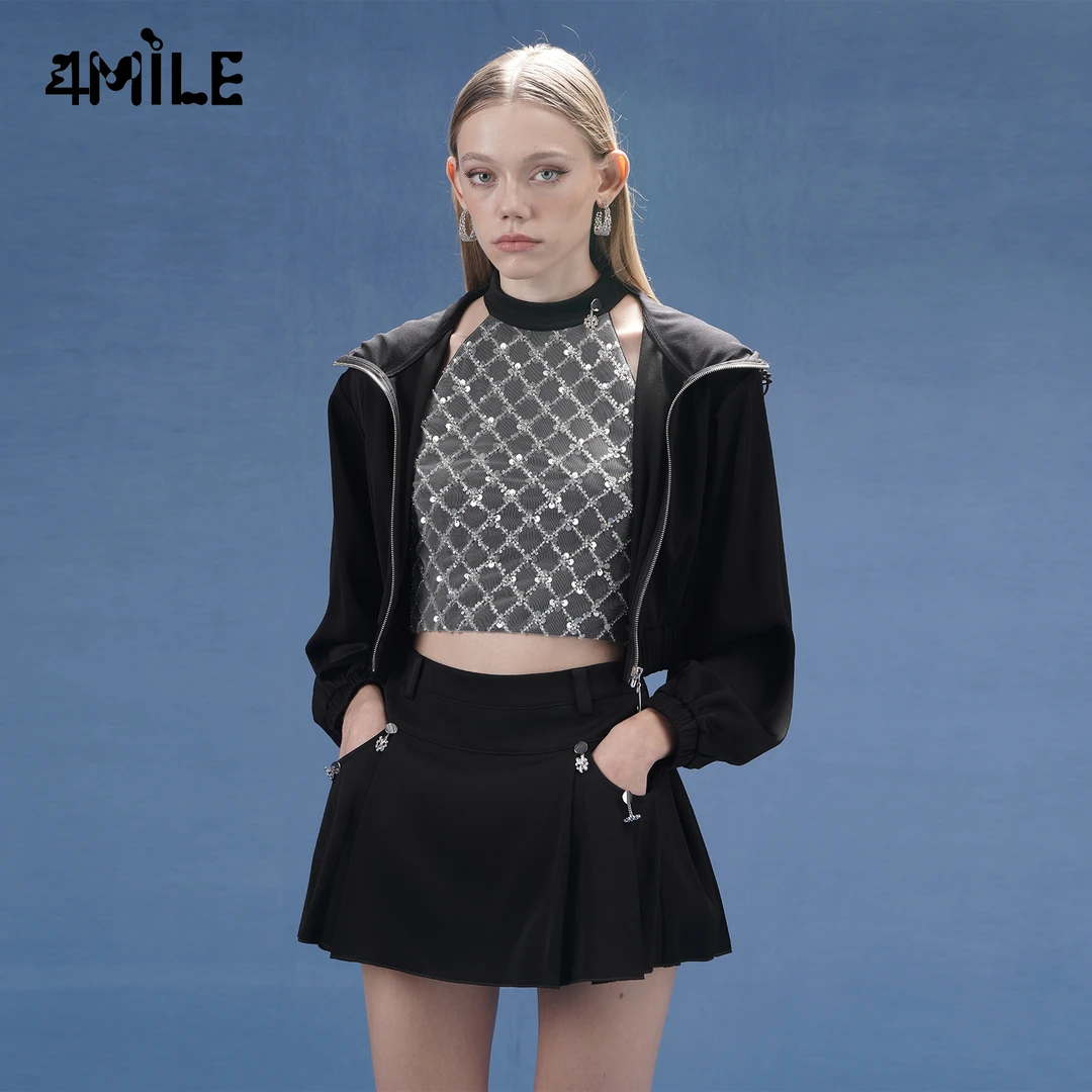 4MILE春夏新款黑色后背镂空连帽上衣螺纹下摆休闲短款长袖女外套