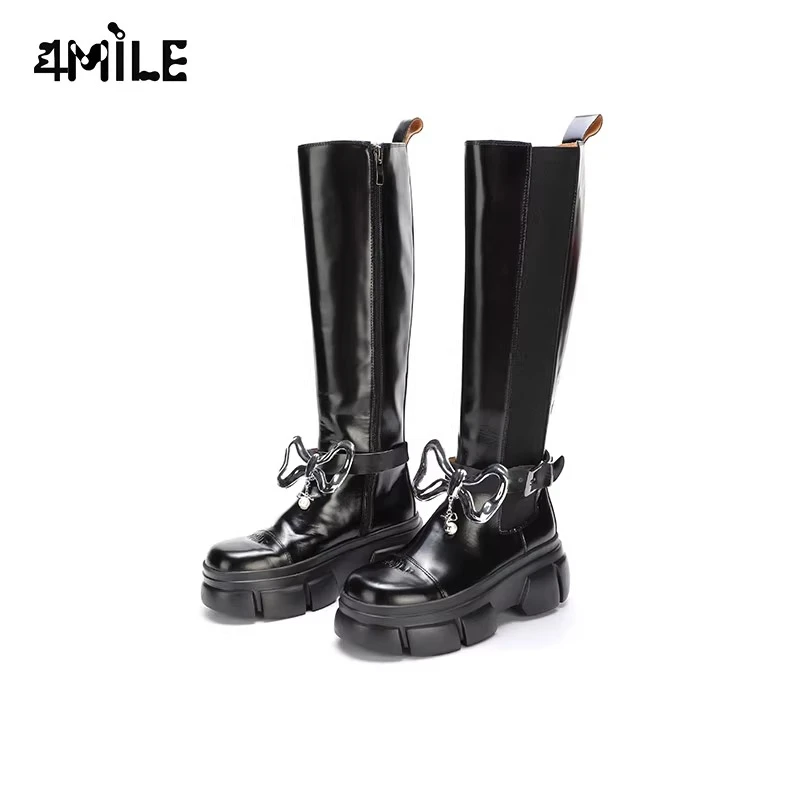 4MILE秋冬新款真皮粗跟显瘦骑士高筒靴圆头厚底增高蝴蝶金属装饰
