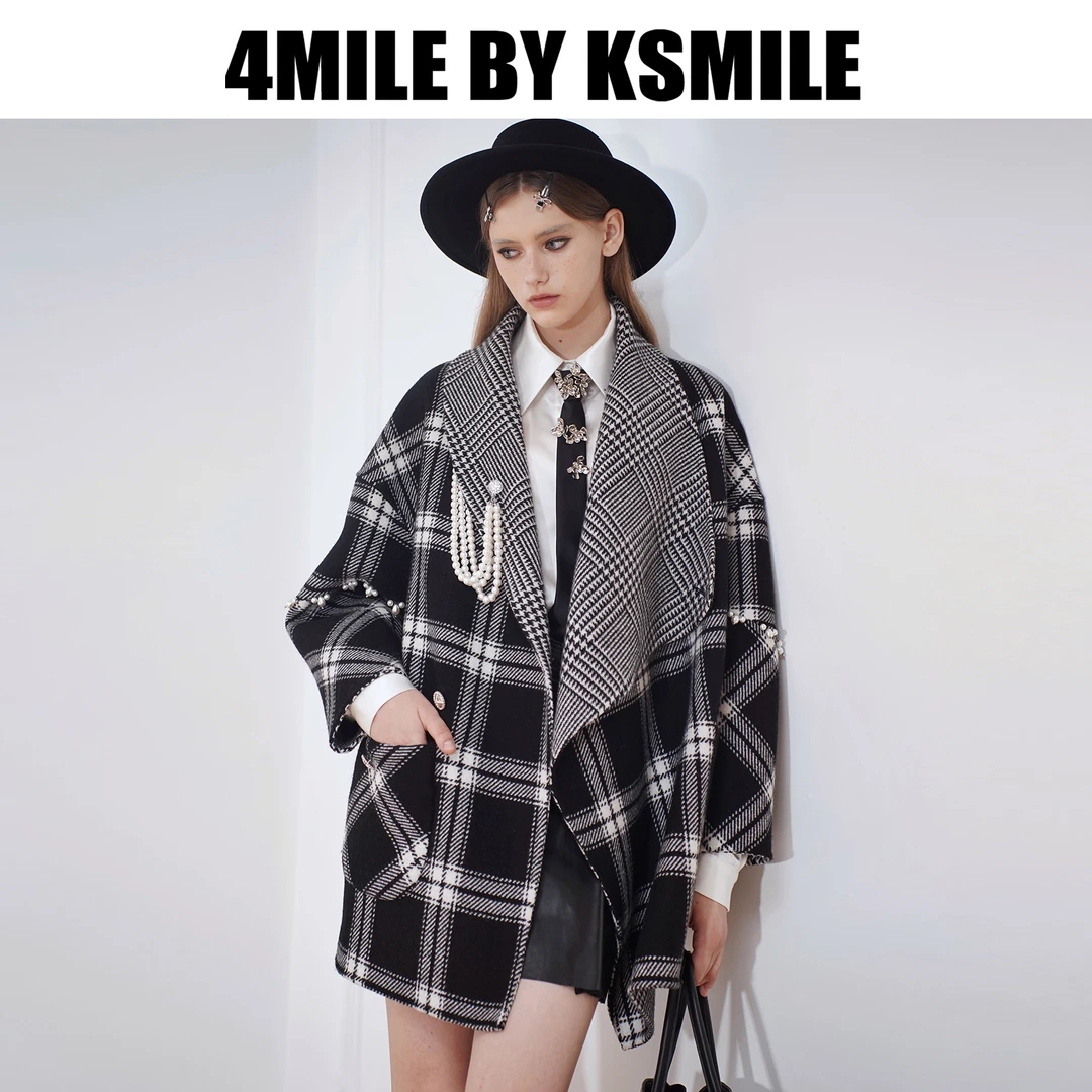 4MILE BY KSMILE | 慕尼黑德味美学绵羊毛珠珠双面尼格纹宽松大衣