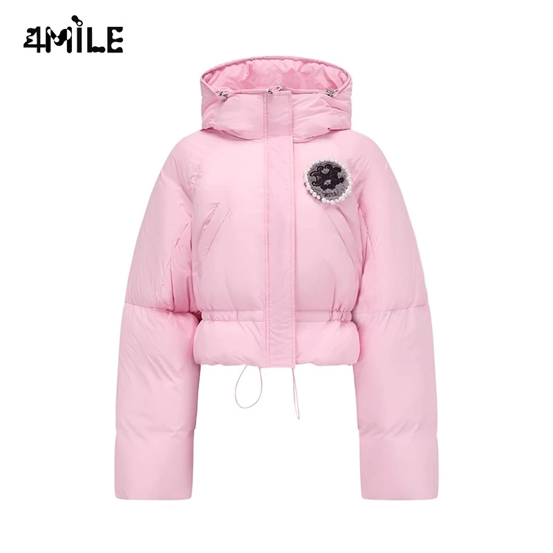 4MILE冬季保暖抽绳喇叭袖连帽羽绒服珠珠logo设计短款防风外套