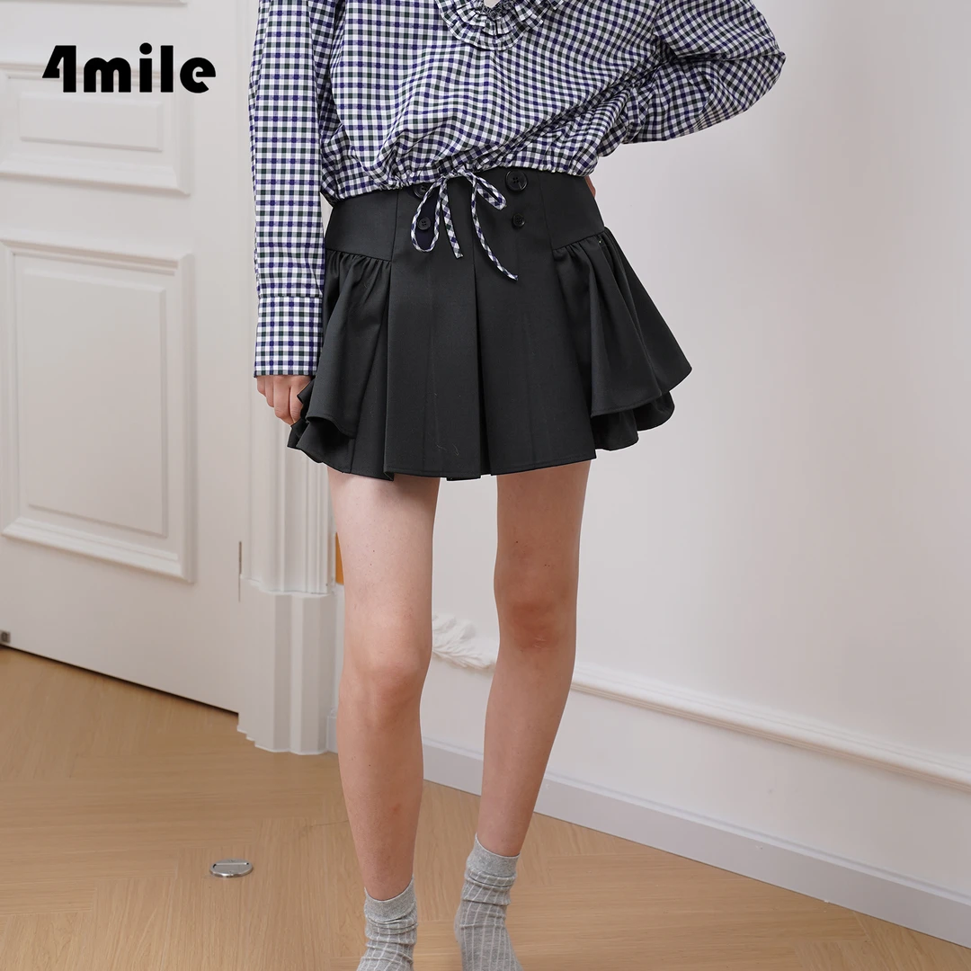 4MILE秋冬新款高腰A字花苞拼接减龄百褶半裙百搭学院风短裙