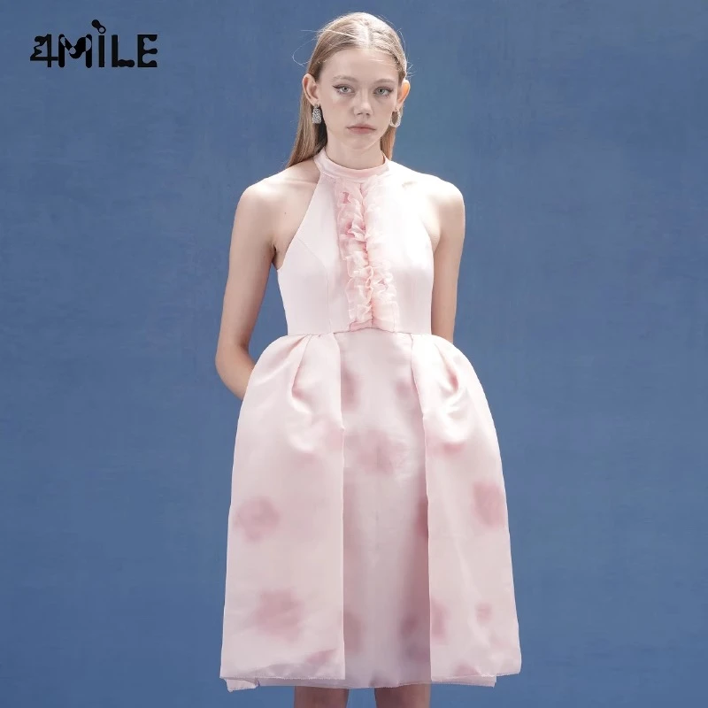 4MILE春夏新款粉色抽皱花边挂脖连衣裙优雅气质设计师高订礼服