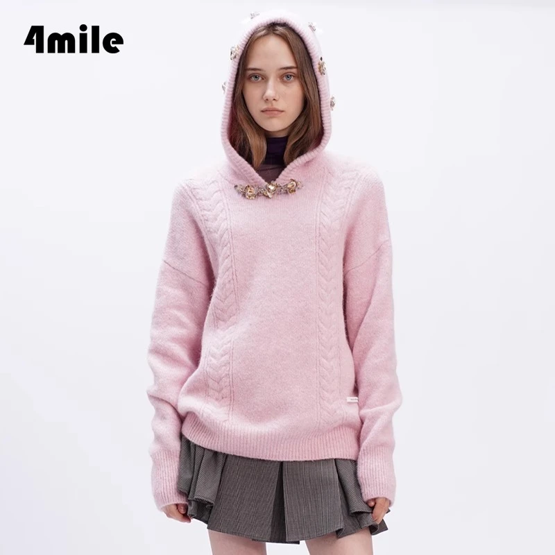 4MILE秋冬新款糖果色星河连帽毛衫甜美闪钻珠片保暖羊驼绒毛衣