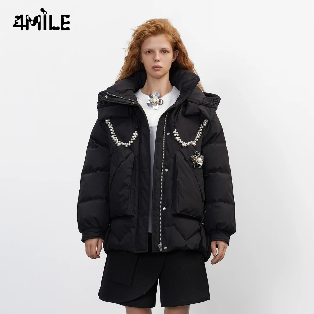 4MILE黑色珍珠大口袋连帽羽绒服冬季保暖学院风穿搭