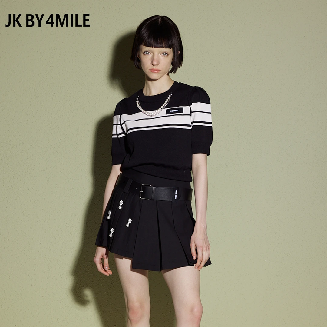 JK BY 4MILE 夏季领口珍珠金属链装饰花苞袖撞色条纹圆领T恤