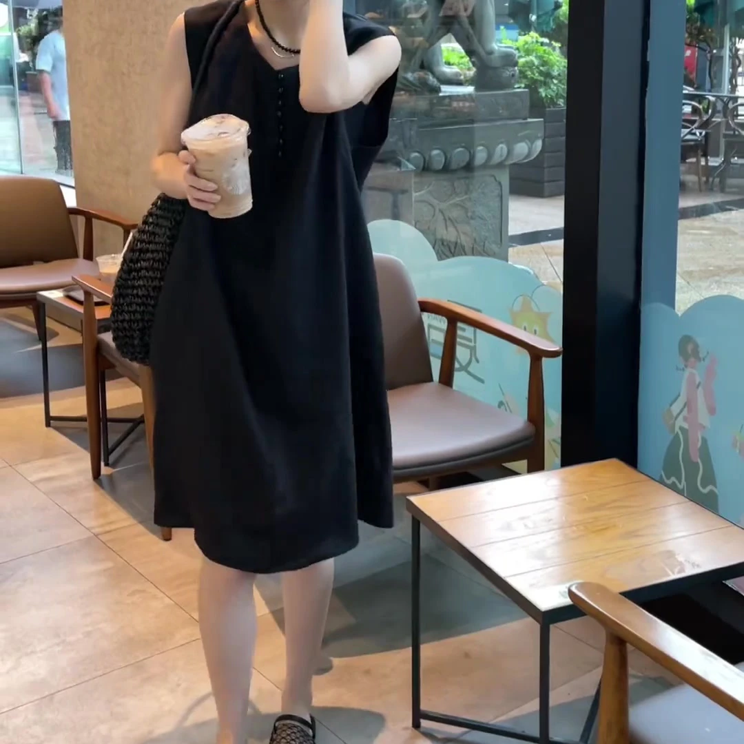2025新款韩版纯色无袖连衣裙女夏季高级感宽松显瘦时尚百搭背心裙
