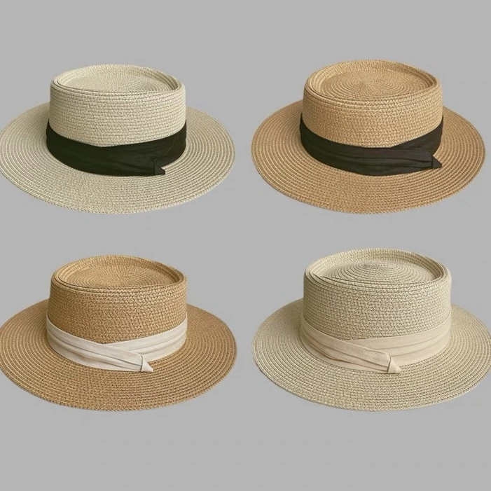 2025夏季平沿帽子女海边平顶草帽沙滩法式度假遮阳防晒巴拿马礼帽