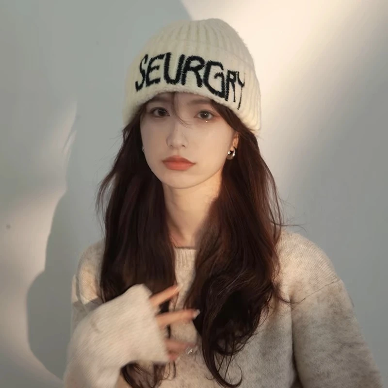 25S 美式字母刺绣针织帽子女秋冬大头围百搭时尚护耳保暖毛线冷帽