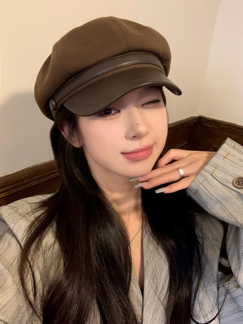 复古拼接毛呢八角帽2024新款网红画家贝雷帽秋冬美拉德显脸小帽子