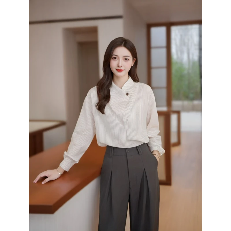 条纹长袖衬衫月光独白百搭上衣轻奢气质宽松休闲气质显瘦上衣1014