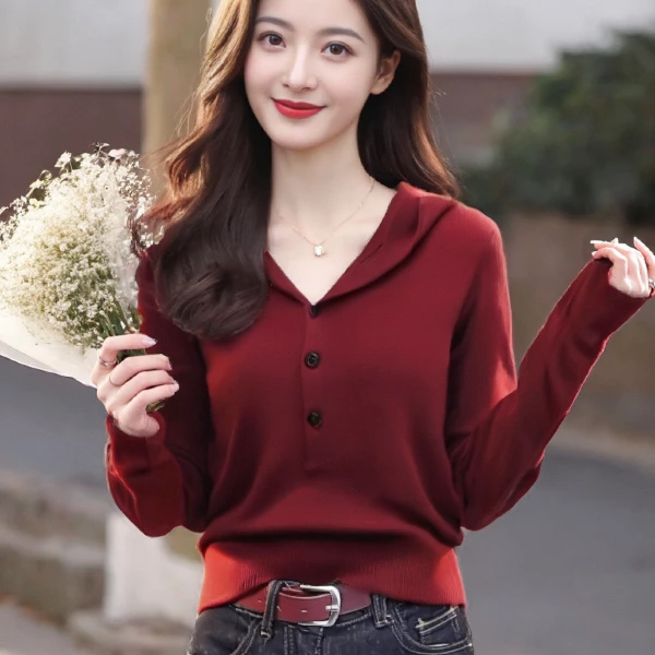 长袖针织衫女显瘦气质洋气时尚红色红色修身百搭带扣连帽卫衣983