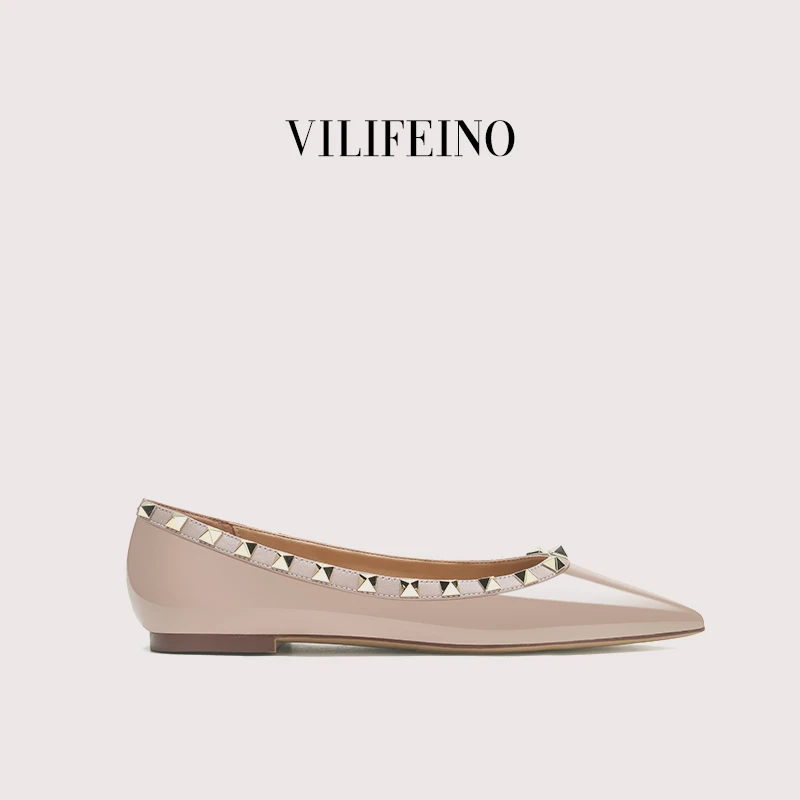 【平底铆钉单鞋】v家铆钉尖头女鞋2024春新款浅口铆钉时尚浅口软底