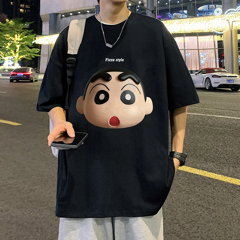 潮流宽松纯棉短袖T恤男夏季薄款休闲卡通蜡笔小新休闲半袖汗衫