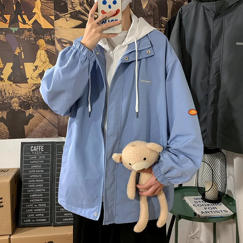 潮流宽松假两件纯色夹克秋季连帽休闲港风外套ins男士潮牌棒球服