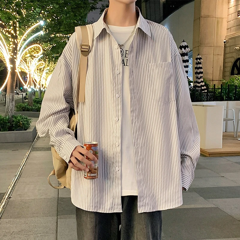 秋季条纹长袖衬衫男翻领复古高街宽松外套oversize衬衣潮牌上衣