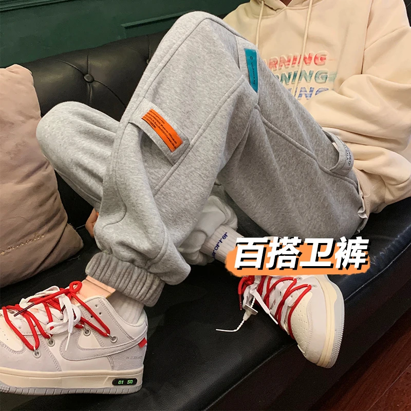 百搭束脚~三色贴标休闲裤外穿宽松卫裤潮流显瘦ins束脚裤大码裤子