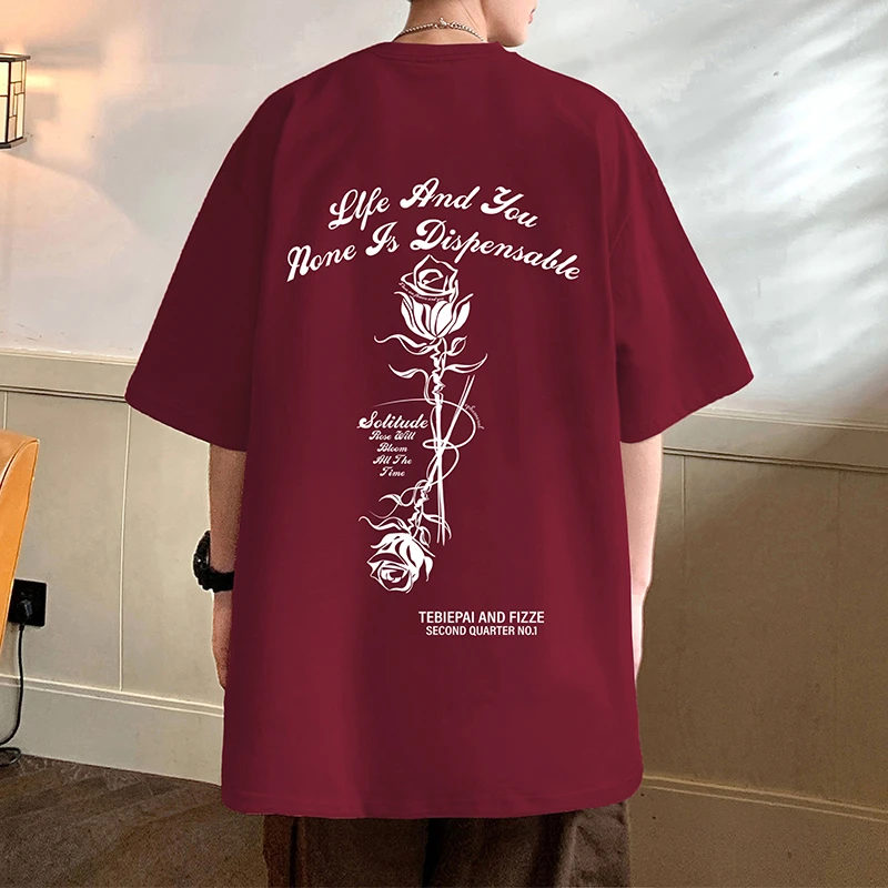 酒红色纯棉宽松短袖T恤男圆领潮流玫瑰印花百搭情侣夏季薄款短袖