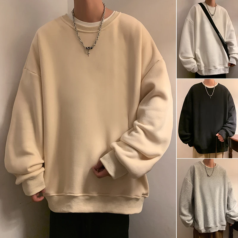 2023春秋季重磅宽松圆领卫衣男ins春秋季新款情侣长袖纯色上衣