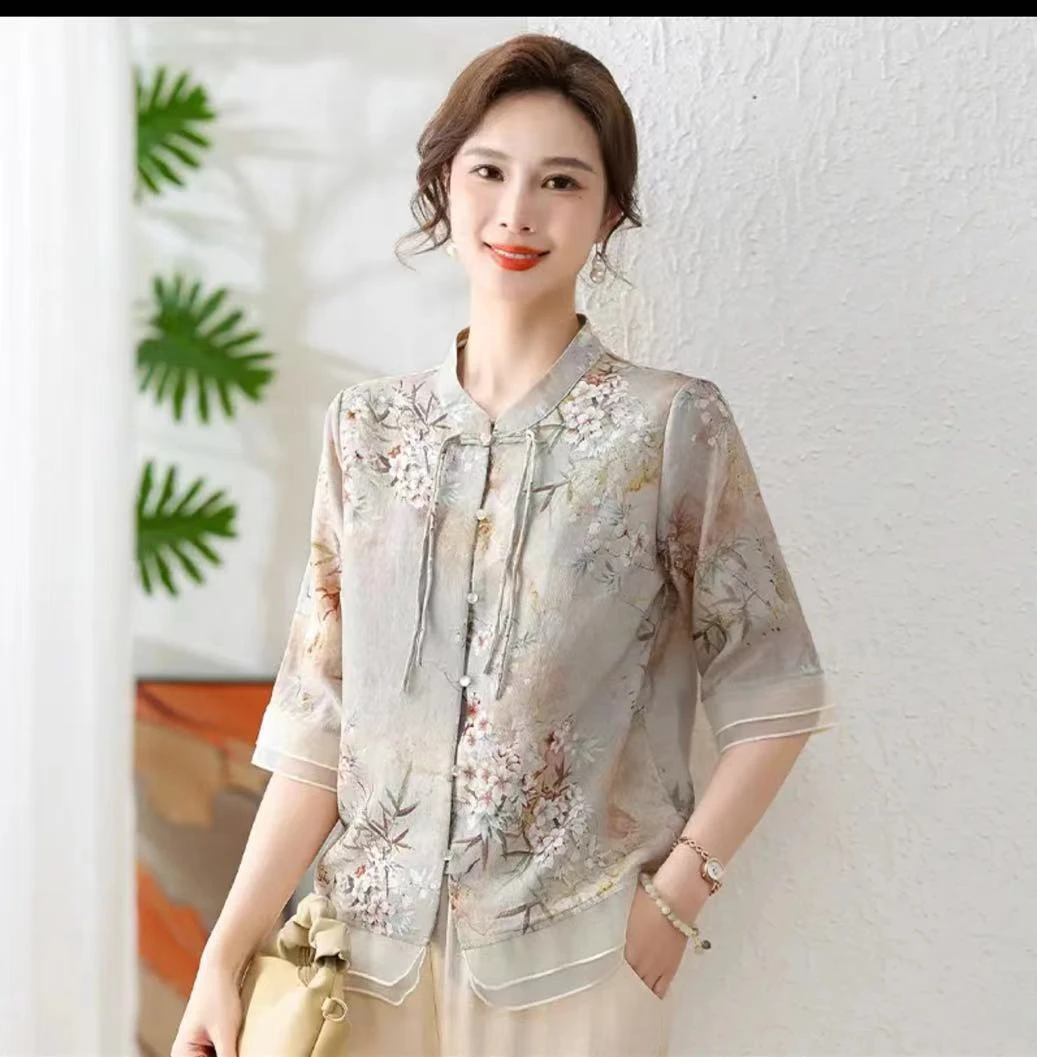 2024妈妈装夏季新中式国风套装时尚气质上衣百搭休闲裤两件套