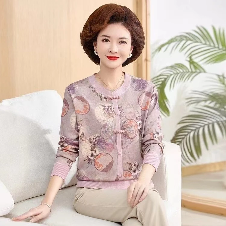 1011 中老年毛衣新中式妈妈装春秋款弹力针织衫长袖T恤打底衫上衣
